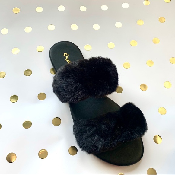 Black fuzzy fur slides slippers double band - Picture 10 of 11